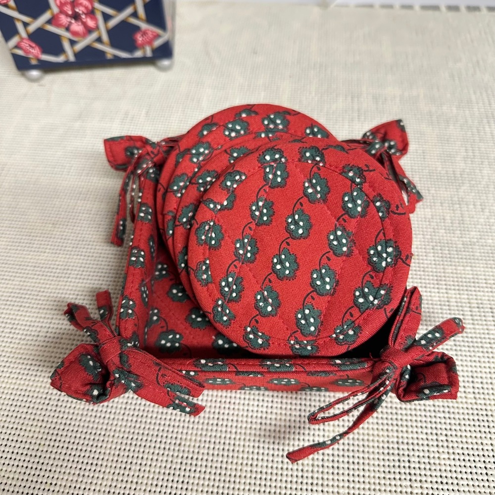 Pierre Deux French Country Red Leaf Print Quilted Coasters 6 pc with Case - New